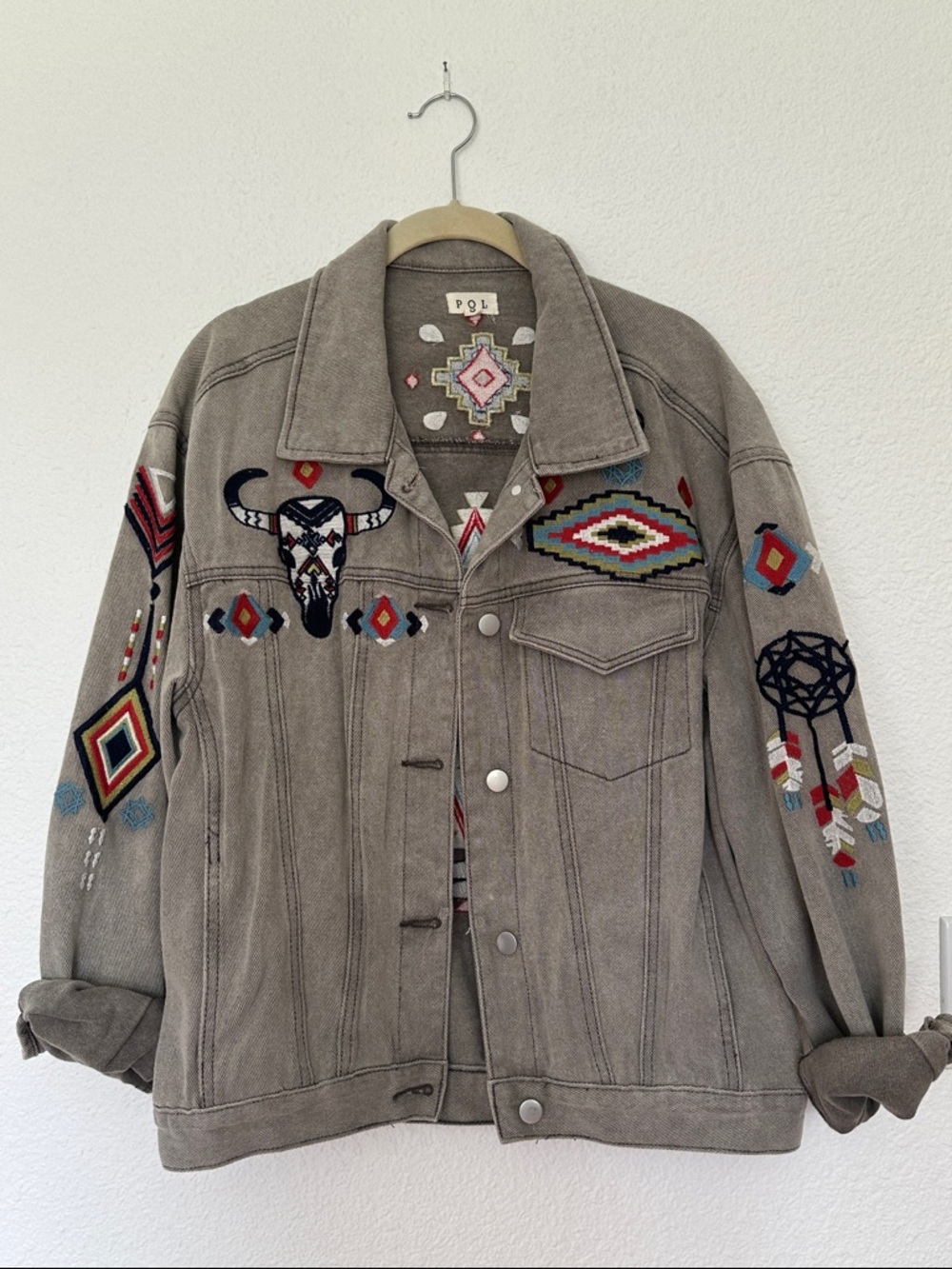 POL Taupe Denim Jacket with Multicolor Southwestern Embroidery